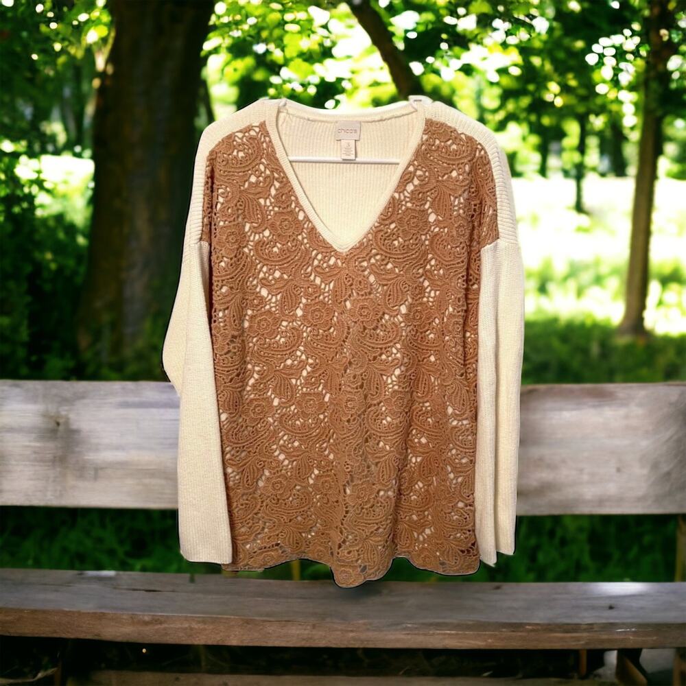 Chico’s CHRISTINA Tan LACE-FRONT Crochet Cream SWEATER Size 3 = XL / 16